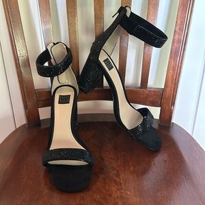 WHBM size 8.5 block heel black dress sandals, ankle strap, back zip, worn once.